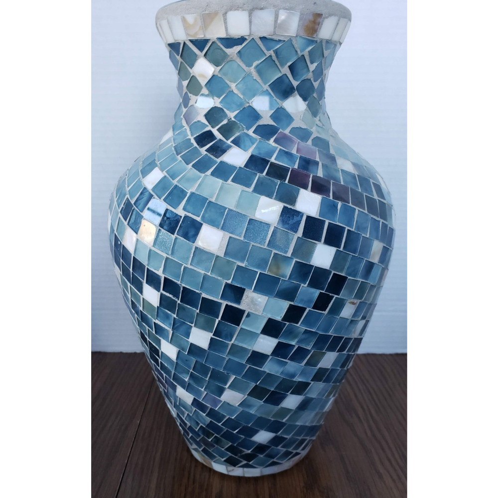 Mosaic 12 Inch Tall Blue White Tiled Glass Large Vase - Picture 3 of 15